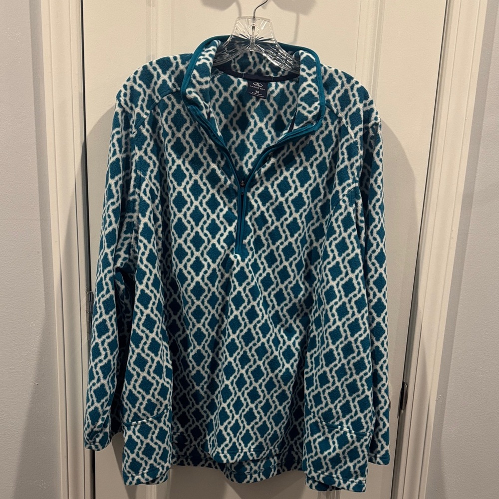 Lands' End Teal and White Geometric Print Pullover Quarter Zip Fleece 3X